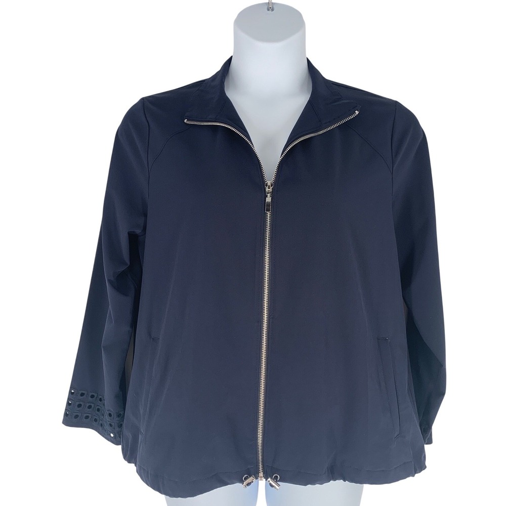 Chicos Navy Blue Eyelet Cuff Full Zip Jacket Mock Neck Stretch Size 1.5 US 10